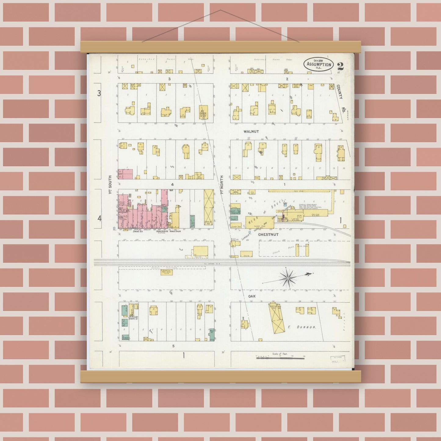 Old map wall art mockup — magnetic wood frame on brick wall — Sanborn Fire Insurance Map from Assumption, Christian County, Illinois (1899), Sheet #0002