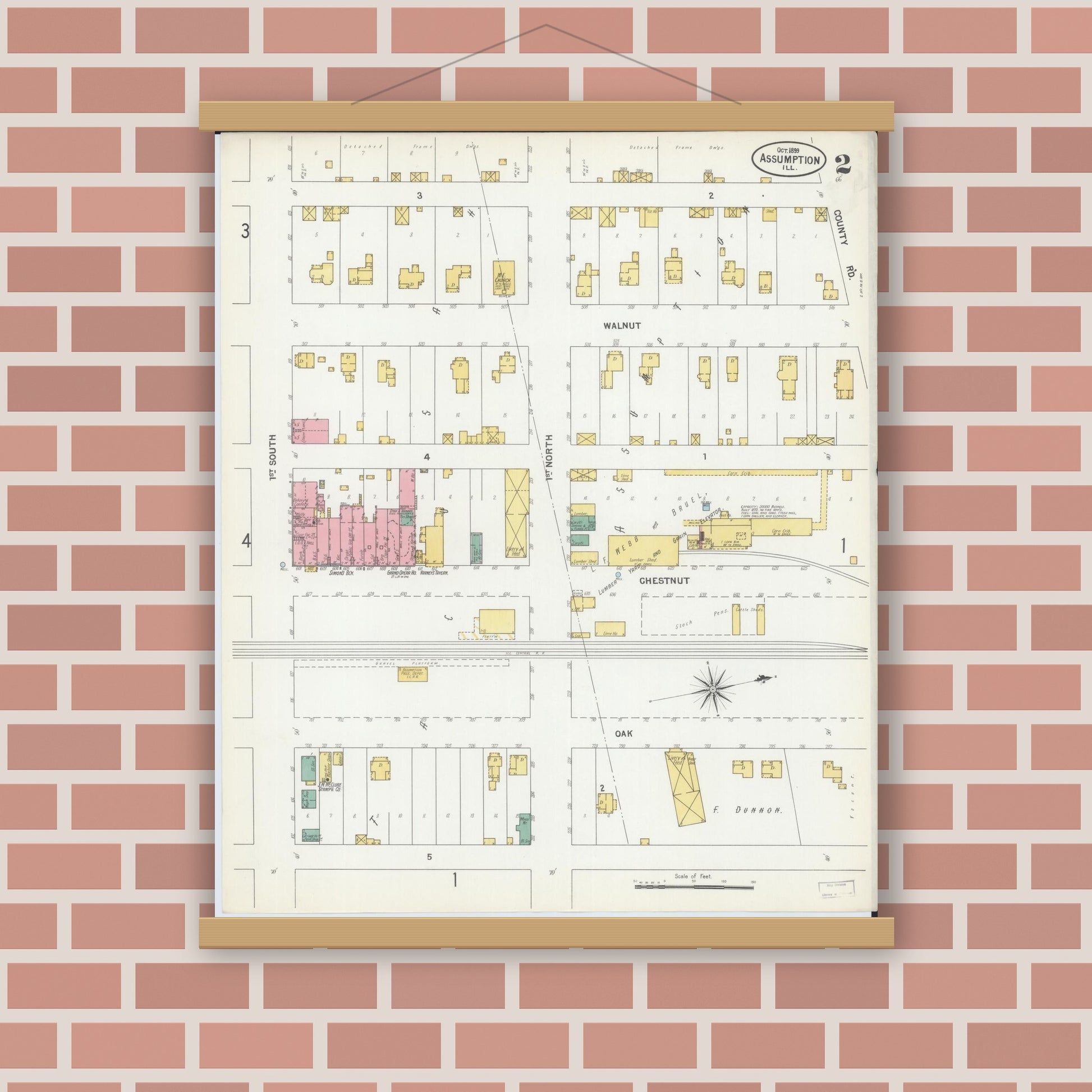 Old map wall art mockup — magnetic wood frame on brick wall — Sanborn Fire Insurance Map from Assumption, Christian County, Illinois (1899), Sheet #0002