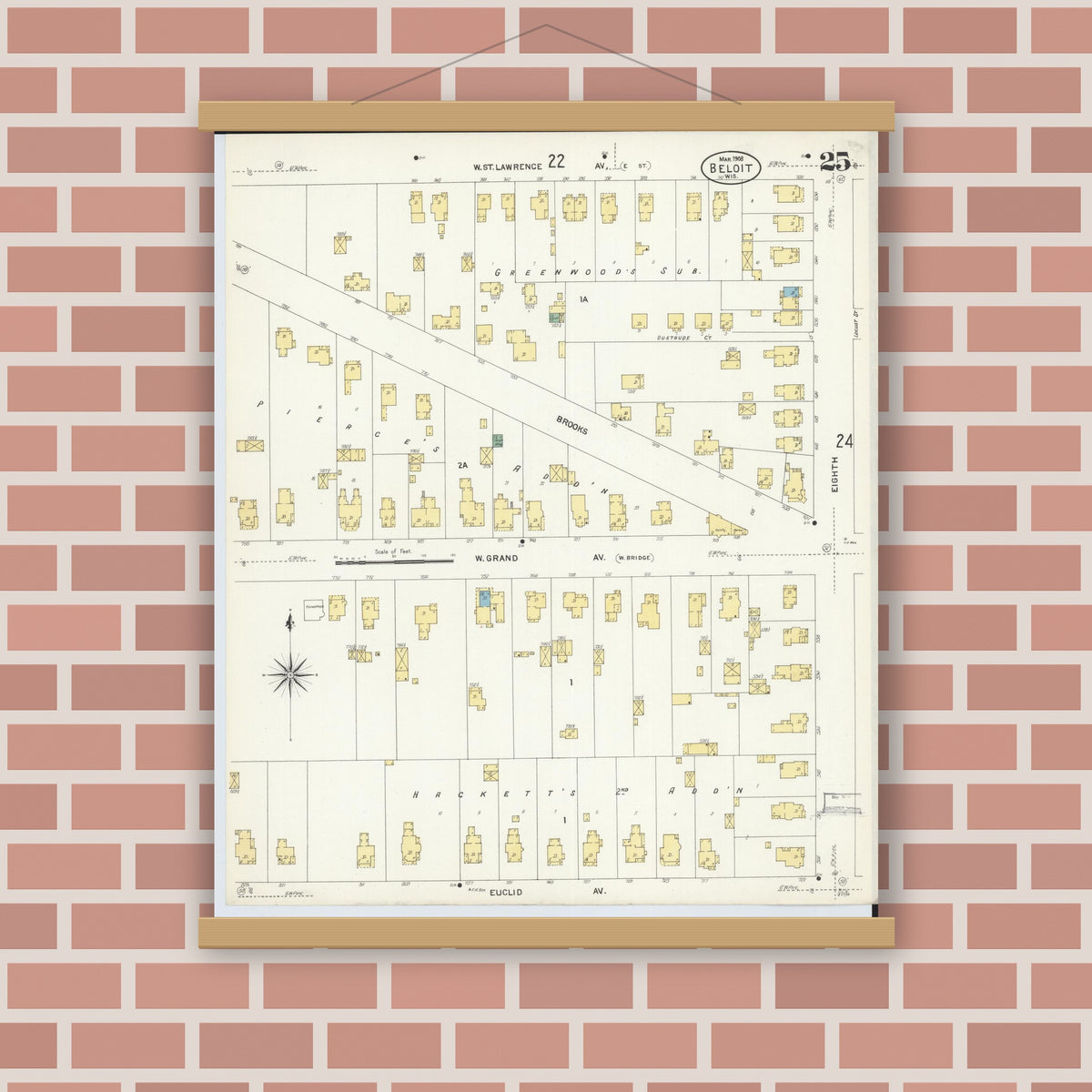 Old map wall art mockup — magnetic wood frame on brick wall — Sanborn Fire Insurance Map from Beloit, Rock County, Wisconsin (1908), Sheet #0025