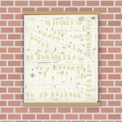 Old map wall art mockup — magnetic wood frame on brick wall — Sanborn Fire Insurance Map from Beloit, Rock County, Wisconsin (1908), Sheet #0025