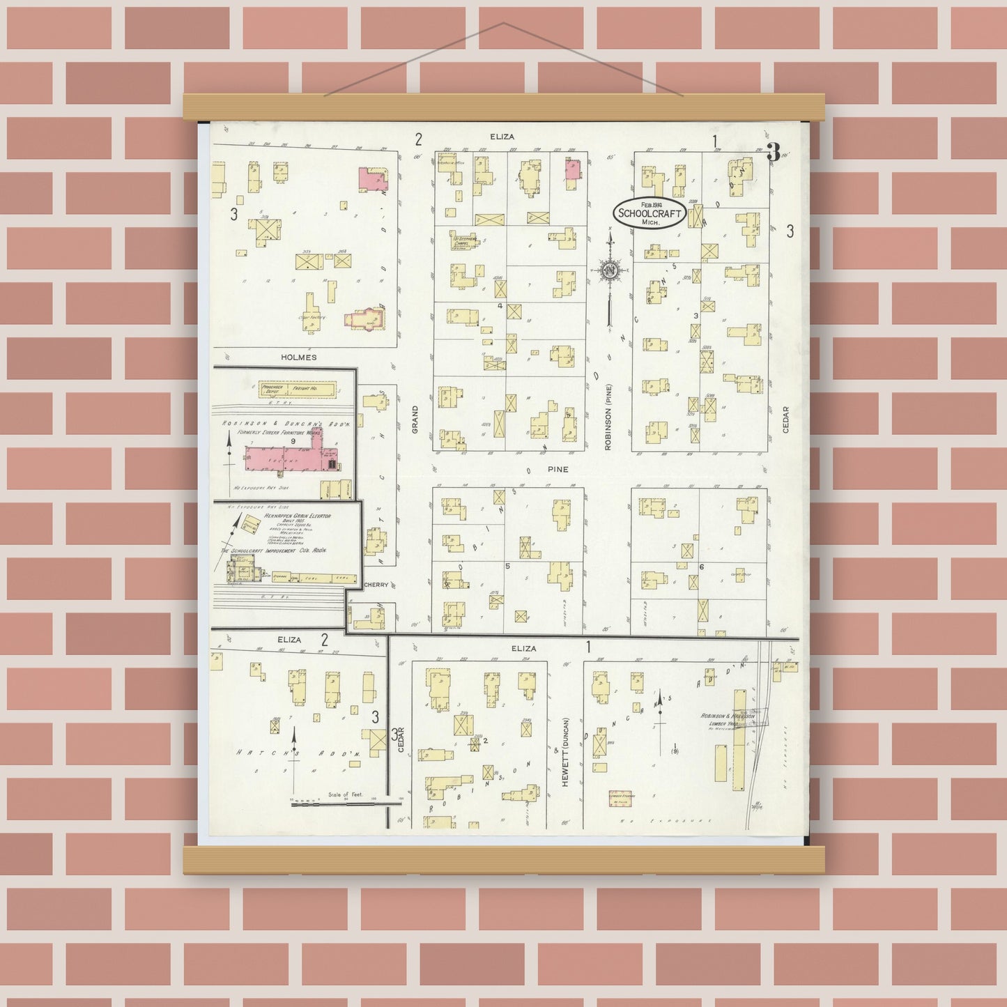 Old map wall art mockup — magnetic wood frame on brick wall — Sanborn Fire Insurance Map from Schoolcraft, Kalamazoo County, Michigan (1914), Sheet #0003