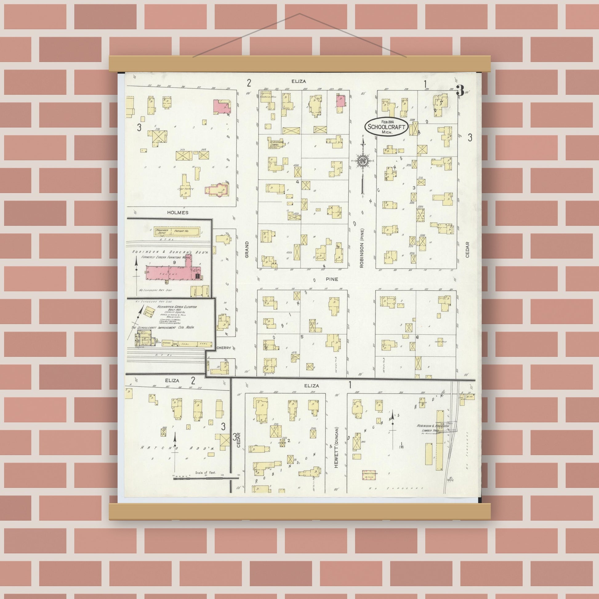 Old map wall art mockup — magnetic wood frame on brick wall — Sanborn Fire Insurance Map from Schoolcraft, Kalamazoo County, Michigan (1914), Sheet #0003