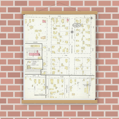 Old map wall art mockup — magnetic wood frame on brick wall — Sanborn Fire Insurance Map from Schoolcraft, Kalamazoo County, Michigan (1914), Sheet #0003