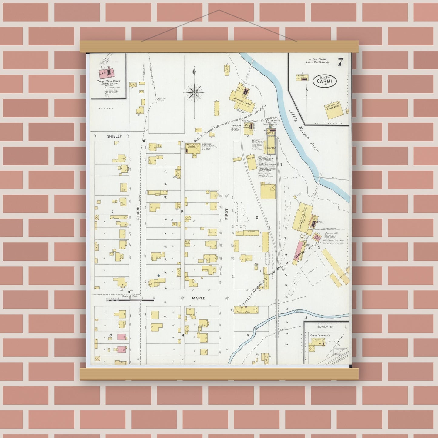 Old map wall art mockup — magnetic wood frame on brick wall — Sanborn Fire Insurance Map from Carmi, White County, Illinois (1899), Sheet #0007