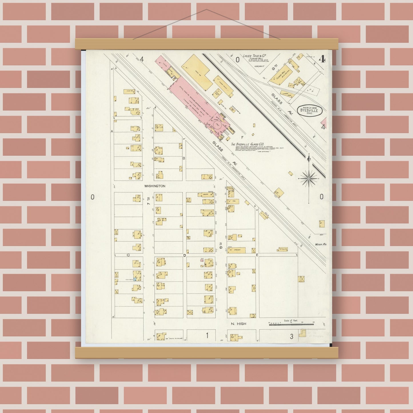 Old map wall art mockup — magnetic wood frame on brick wall — Sanborn Fire Insurance Map from Byesville, Guernsey County, Ohio (1905), Sheet #0004