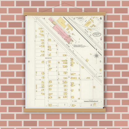 Old map wall art mockup — magnetic wood frame on brick wall — Sanborn Fire Insurance Map from Byesville, Guernsey County, Ohio (1905), Sheet #0004