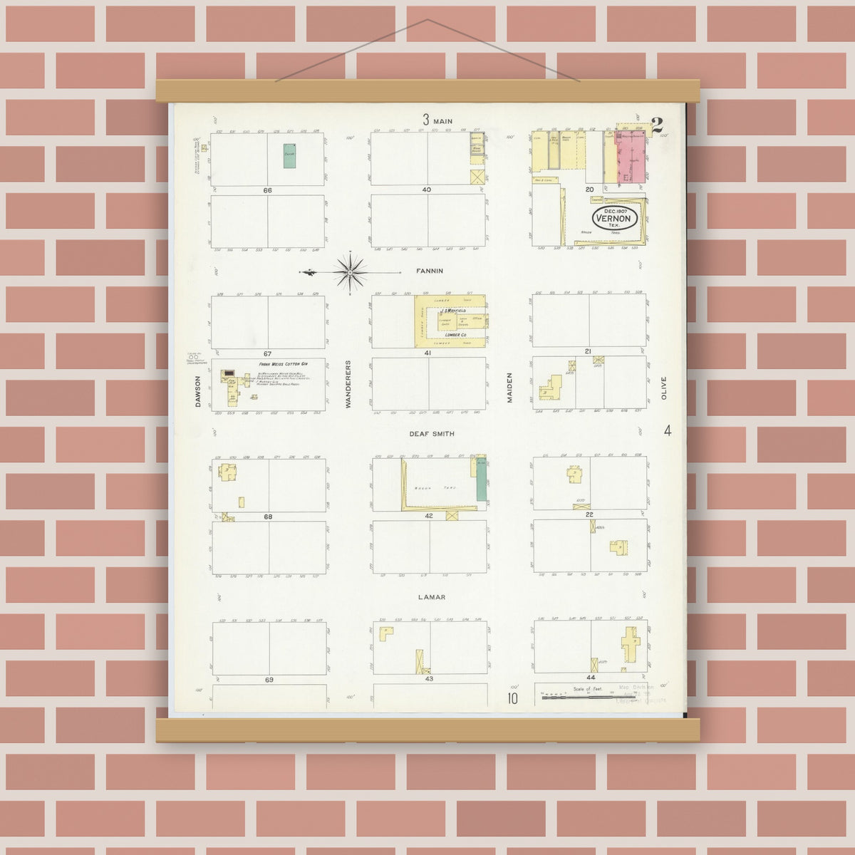 Old map wall art mockup — magnetic wood frame on brick wall — Sanborn Fire Insurance Map from Vernon, Wilbarger County, Texas (1907), Sheet #0002