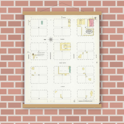 Old map wall art mockup — magnetic wood frame on brick wall — Sanborn Fire Insurance Map from Vernon, Wilbarger County, Texas (1907), Sheet #0002
