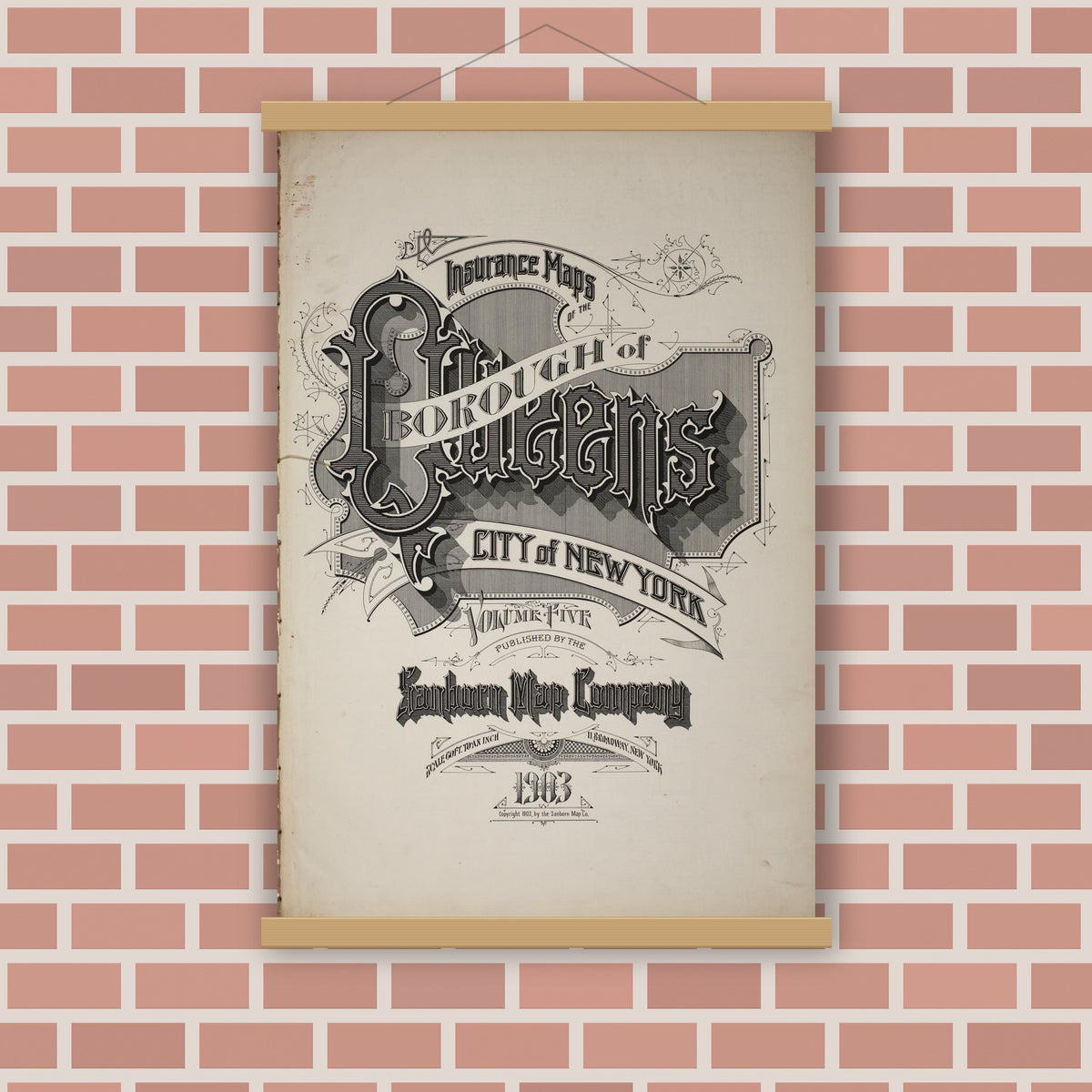 Old map wall art mockup — magnetic wood frame on brick wall — Sanborn Fire Insurance Map from Queens, Queens County, New York (1903), Sheet #0001