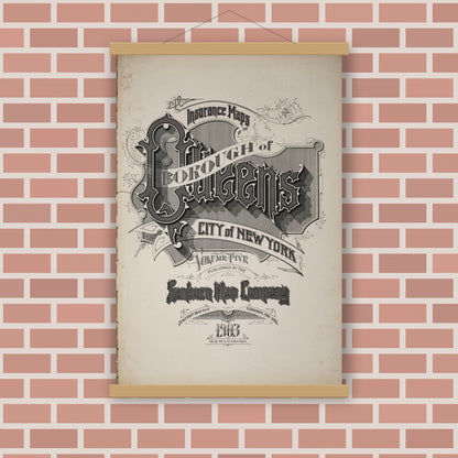 Old map wall art mockup — magnetic wood frame on brick wall — Sanborn Fire Insurance Map from Queens, Queens County, New York (1903), Sheet #0001