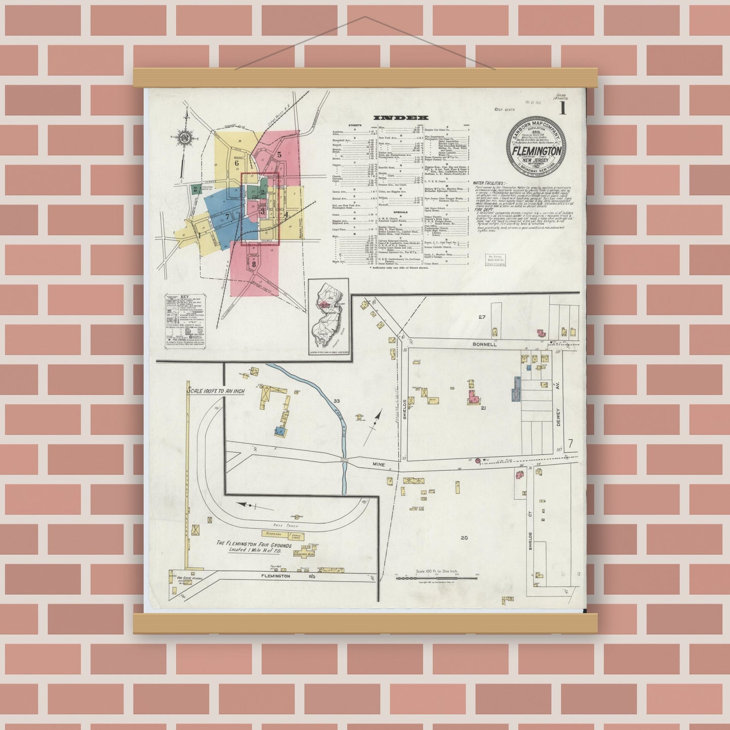 Old map wall art mockup — magnetic wood frame on brick wall — Sanborn Fire Insurance Map from Flemington, Hunterdon County, New Jersey (1921), Sheet #0001