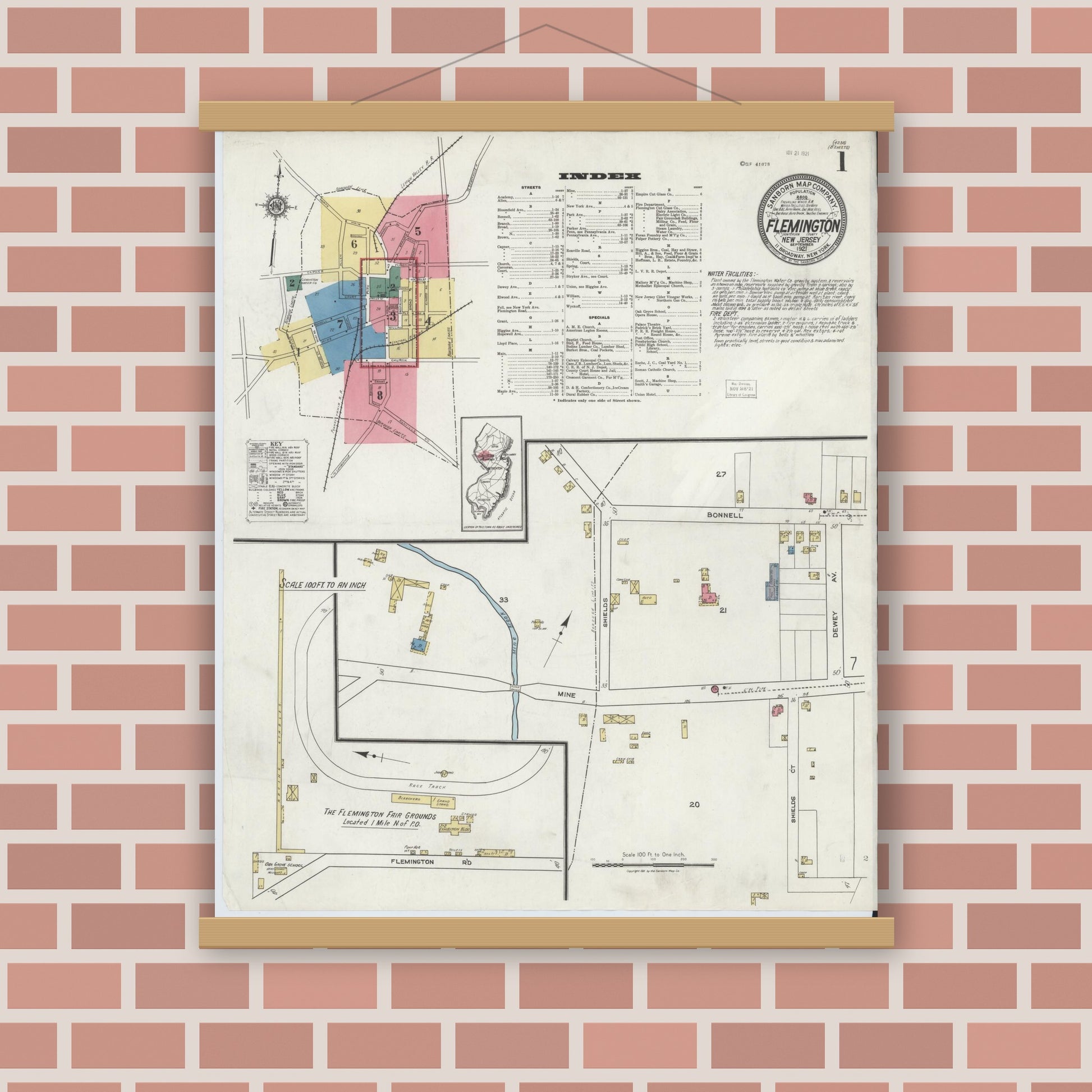 Old map wall art mockup — magnetic wood frame on brick wall — Sanborn Fire Insurance Map from Flemington, Hunterdon County, New Jersey (1921), Sheet #0001