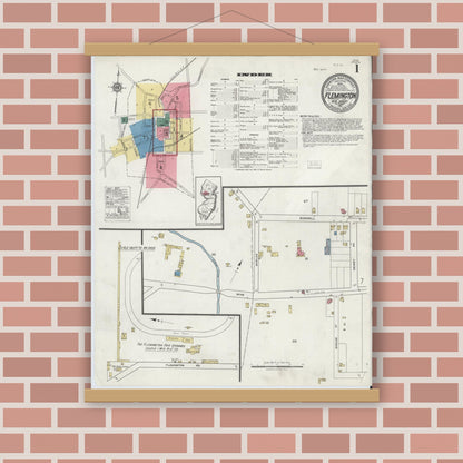 Old map wall art mockup — magnetic wood frame on brick wall — Sanborn Fire Insurance Map from Flemington, Hunterdon County, New Jersey (1921), Sheet #0001
