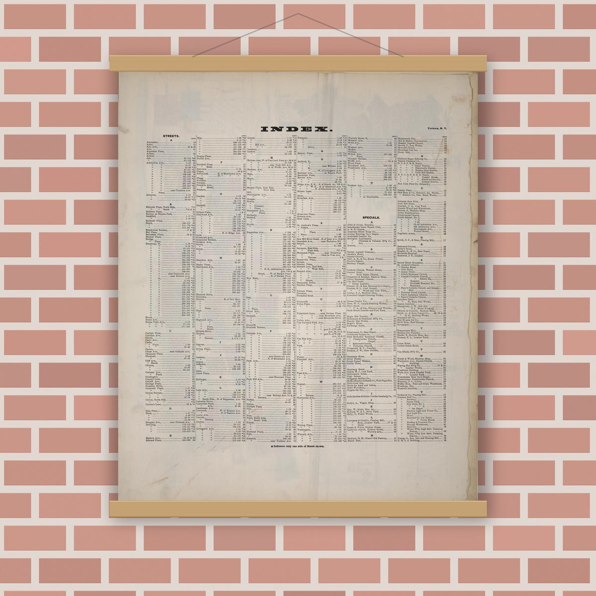 Old map wall art mockup — magnetic wood frame on brick wall — Sanborn Fire Insurance Map from Yonkers, Westchester County, New York (1898), Sheet #0001