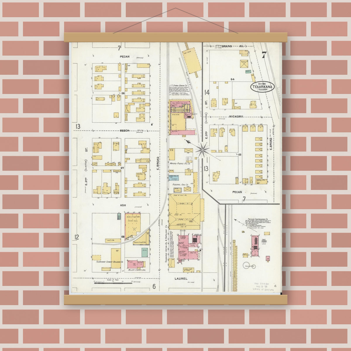 Old map wall art mockup — magnetic wood frame on brick wall — Sanborn Fire Insurance Map from Texarkana, Bowie County, Texas (1905), Sheet #0007