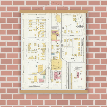 Old map wall art mockup — magnetic wood frame on brick wall — Sanborn Fire Insurance Map from Texarkana, Bowie County, Texas (1905), Sheet #0007