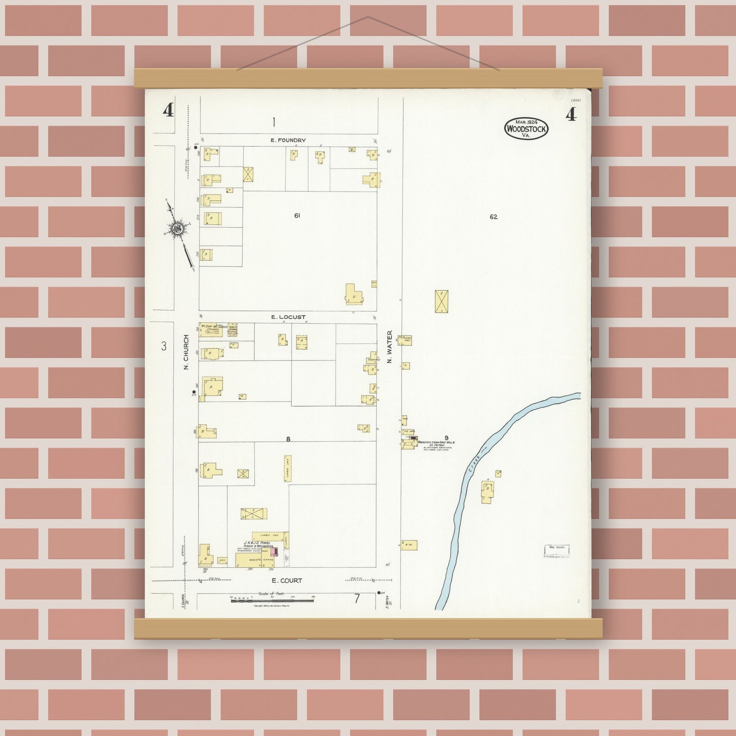 Old map wall art mockup — magnetic wood frame on brick wall — Sanborn Fire Insurance Map from Woodstock, Shenandoah County, Virginia (1924), Sheet #0004