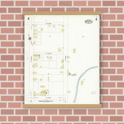 Old map wall art mockup — magnetic wood frame on brick wall — Sanborn Fire Insurance Map from Woodstock, Shenandoah County, Virginia (1924), Sheet #0004