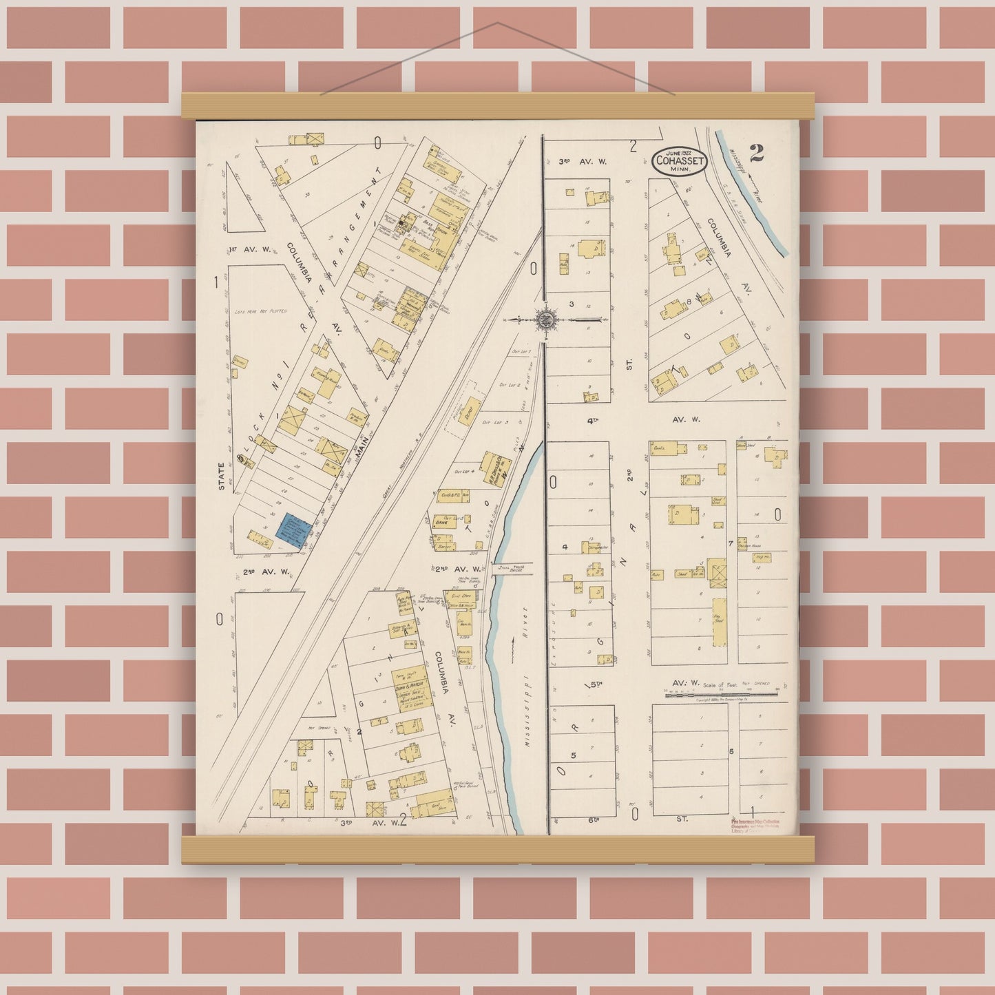 Old map wall art mockup — magnetic wood frame on brick wall — Sanborn Fire Insurance Map from Cohasset, Itasca County, Minnesota (1922), Sheet #0002