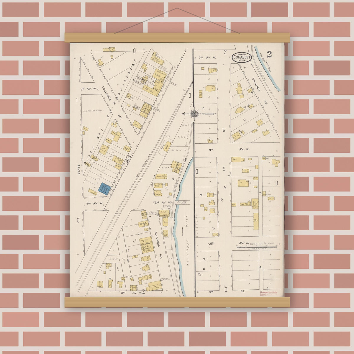 Old map wall art mockup — magnetic wood frame on brick wall — Sanborn Fire Insurance Map from Cohasset, Itasca County, Minnesota (1922), Sheet #0002