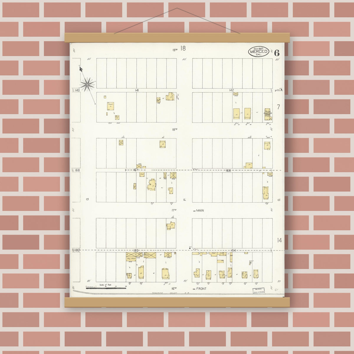 Old map wall art mockup — magnetic wood frame on brick wall — Sanborn Fire Insurance Map from Merced, Merced County, California (1907), Sheet #0006