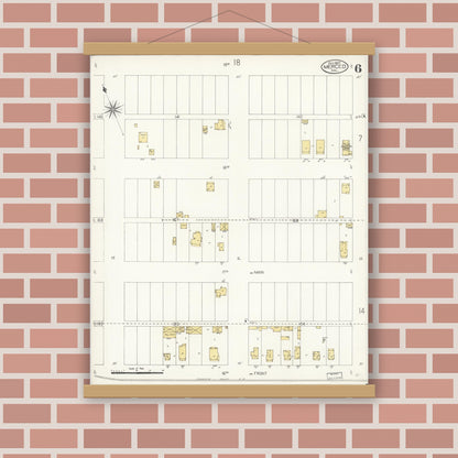 Old map wall art mockup — magnetic wood frame on brick wall — Sanborn Fire Insurance Map from Merced, Merced County, California (1907), Sheet #0006