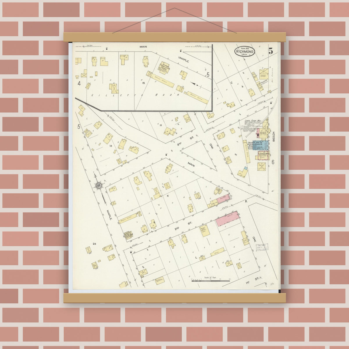 Old map wall art mockup — magnetic wood frame on brick wall — Sanborn Fire Insurance Map from Richmond, Macomb County, Michigan (1913), Sheet #0005