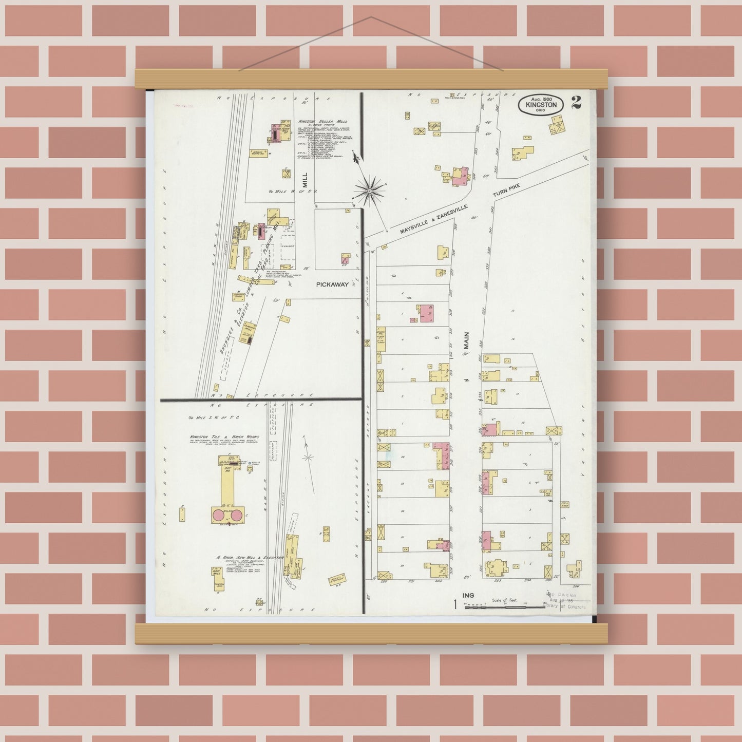 Old map wall art mockup — magnetic wood frame on brick wall — Sanborn Fire Insurance Map from Kingston, Ross County, Ohio (1900), Sheet #0002