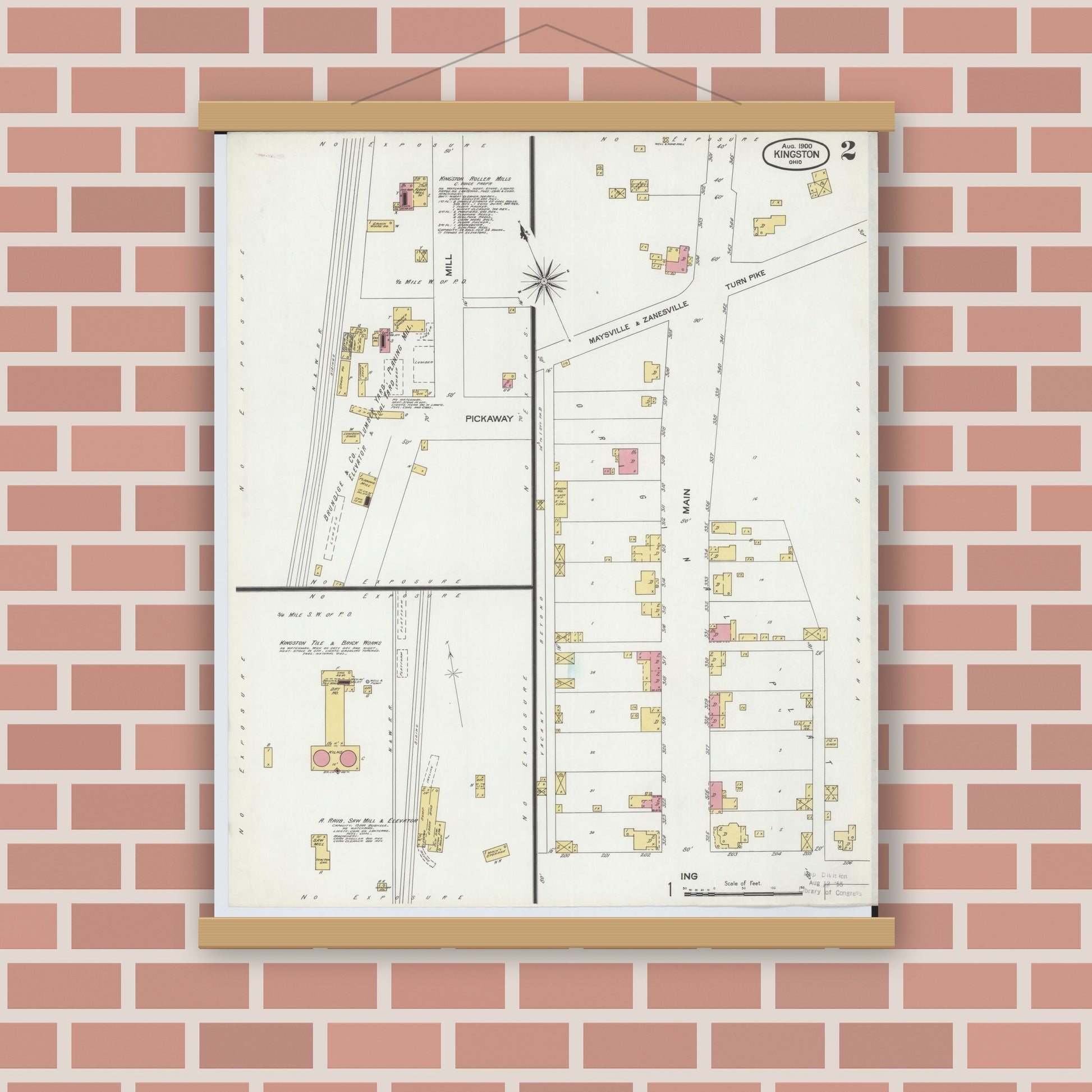 Old map wall art mockup — magnetic wood frame on brick wall — Sanborn Fire Insurance Map from Kingston, Ross County, Ohio (1900), Sheet #0002
