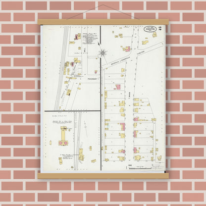 Old map wall art mockup — magnetic wood frame on brick wall — Sanborn Fire Insurance Map from Kingston, Ross County, Ohio (1900), Sheet #0002