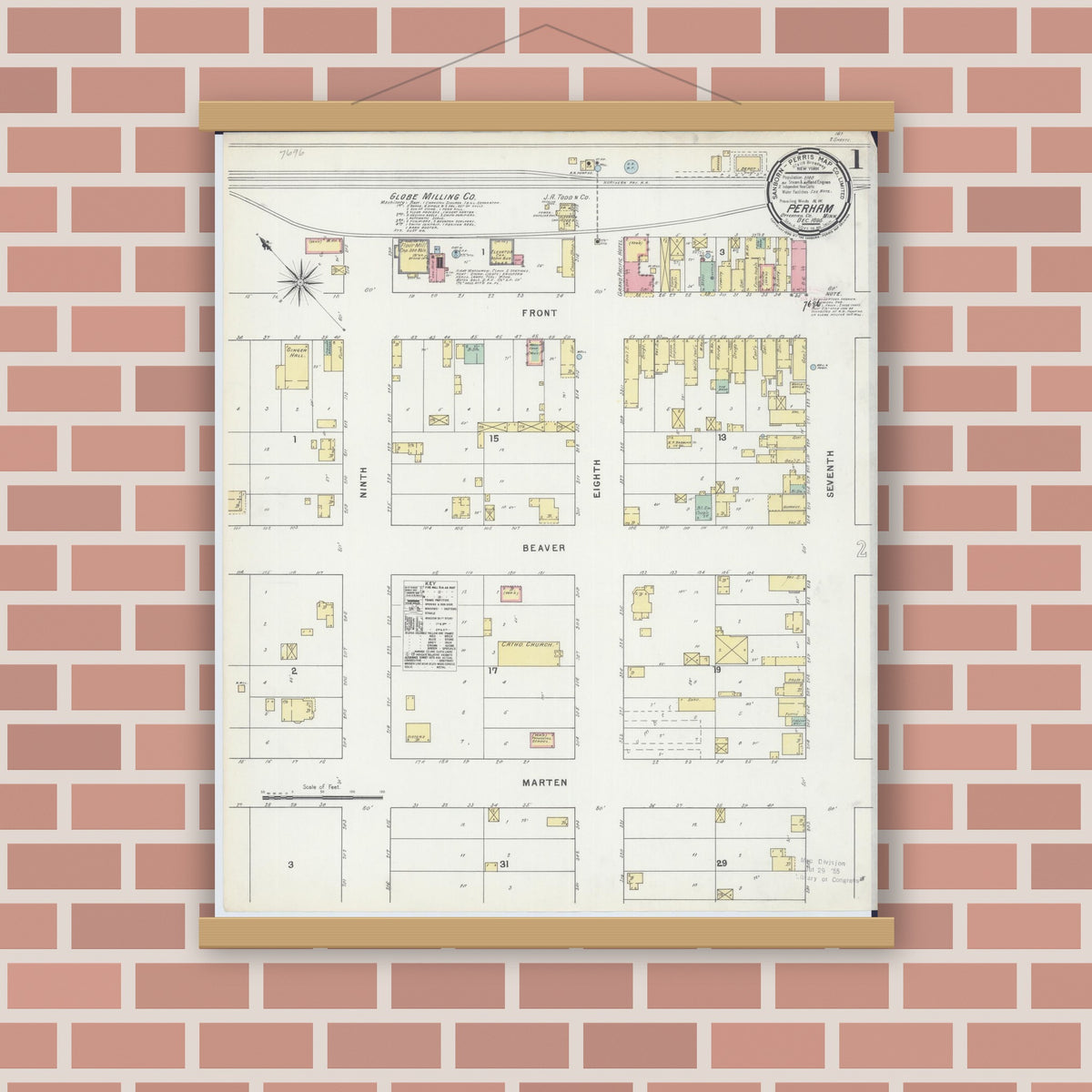 Old map wall art mockup — magnetic wood frame on brick wall — Sanborn Fire Insurance Map from Perham, Otter Tail County, Minnesota (1895) - Complete Map Set