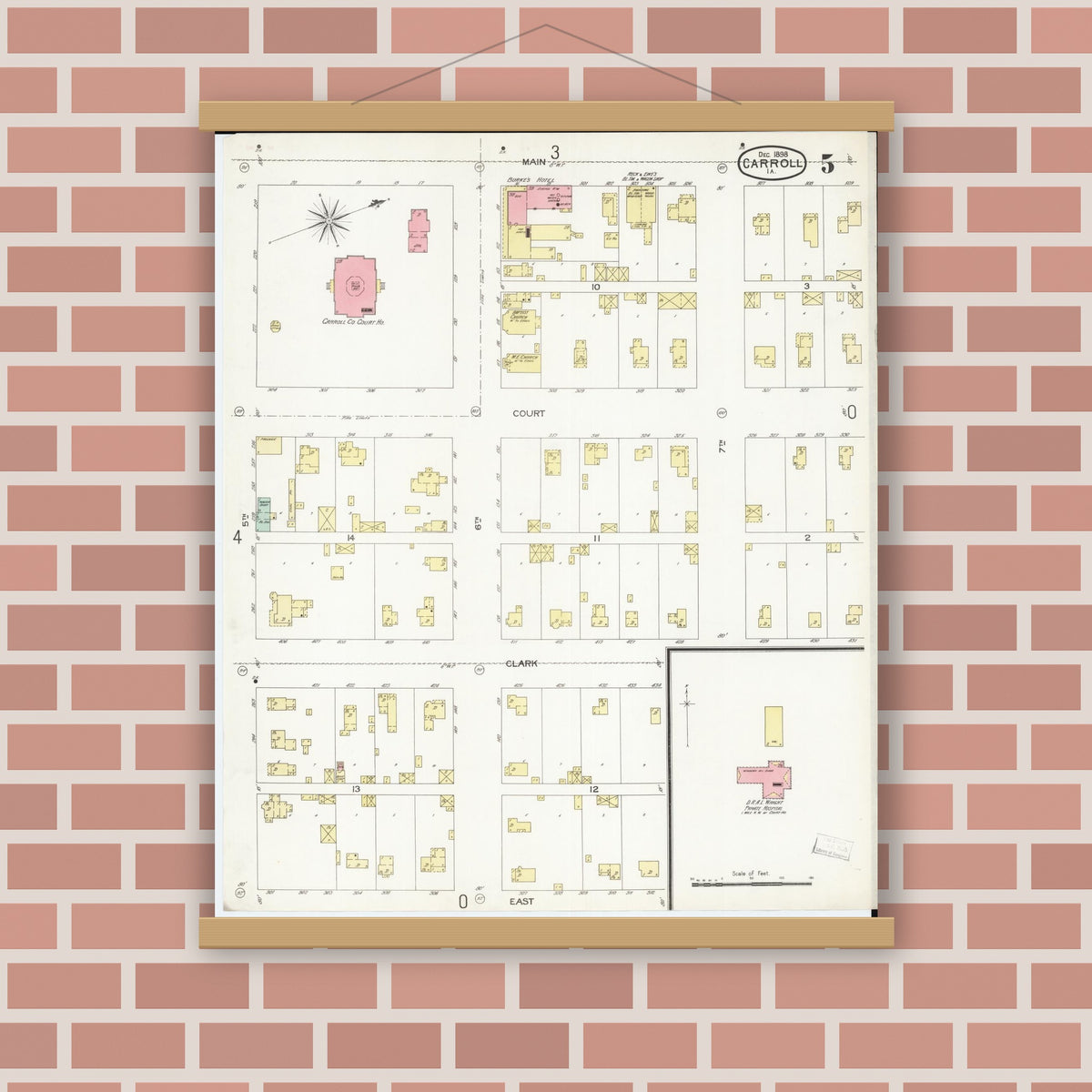 Old map wall art mockup — magnetic wood frame on brick wall — Sanborn Fire Insurance Map from Carroll, Carroll County, Iowa (1898), Sheet #0005