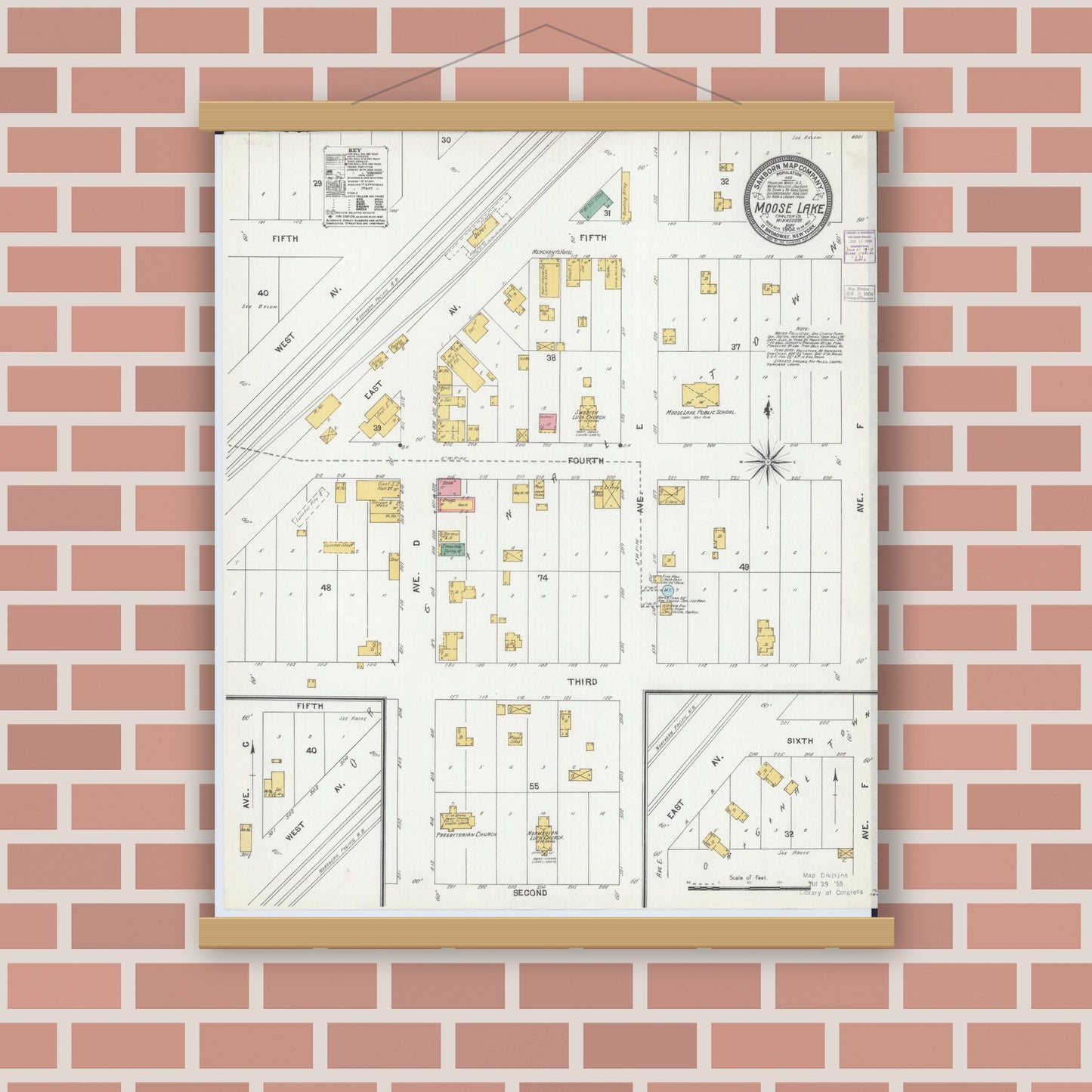 Old map wall art mockup — magnetic wood frame on brick wall — Sanborn Fire Insurance Map from Moose Lake, Carlton County, Minnesota (1904), Sheet #0001
