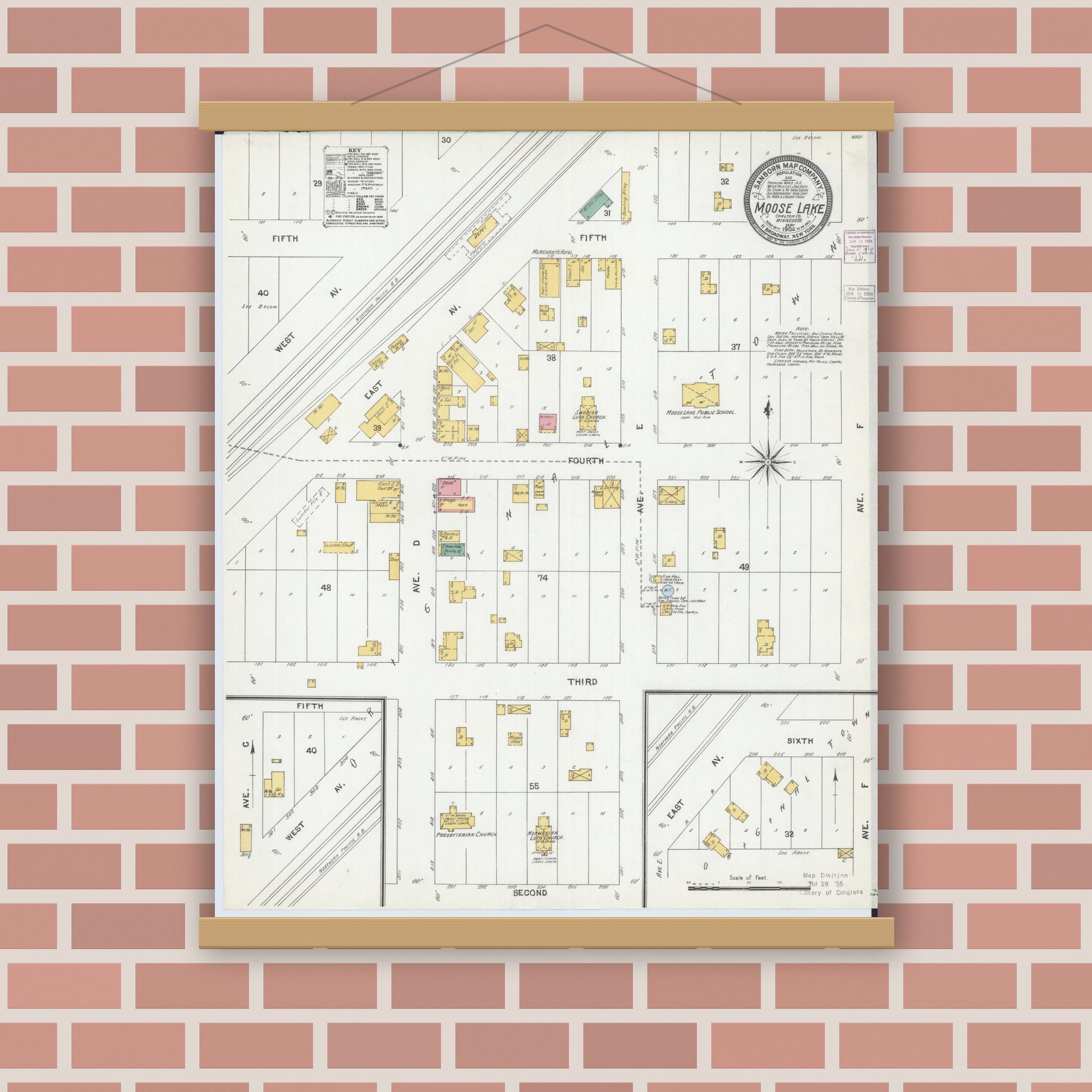 Old map wall art mockup — magnetic wood frame on brick wall — Sanborn Fire Insurance Map from Moose Lake, Carlton County, Minnesota (1904), Sheet #0001