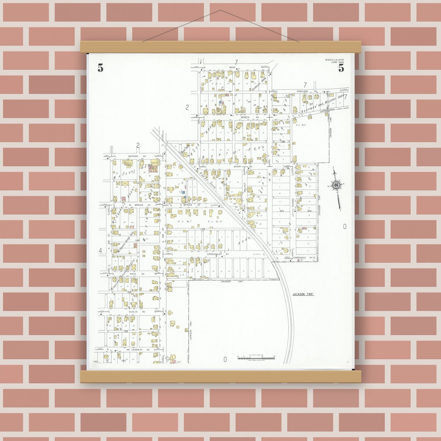 Old map wall art mockup — magnetic wood frame on brick wall — Sanborn Fire Insurance Map from Byesville, Guernsey County, Ohio (1948), Sheet #0005