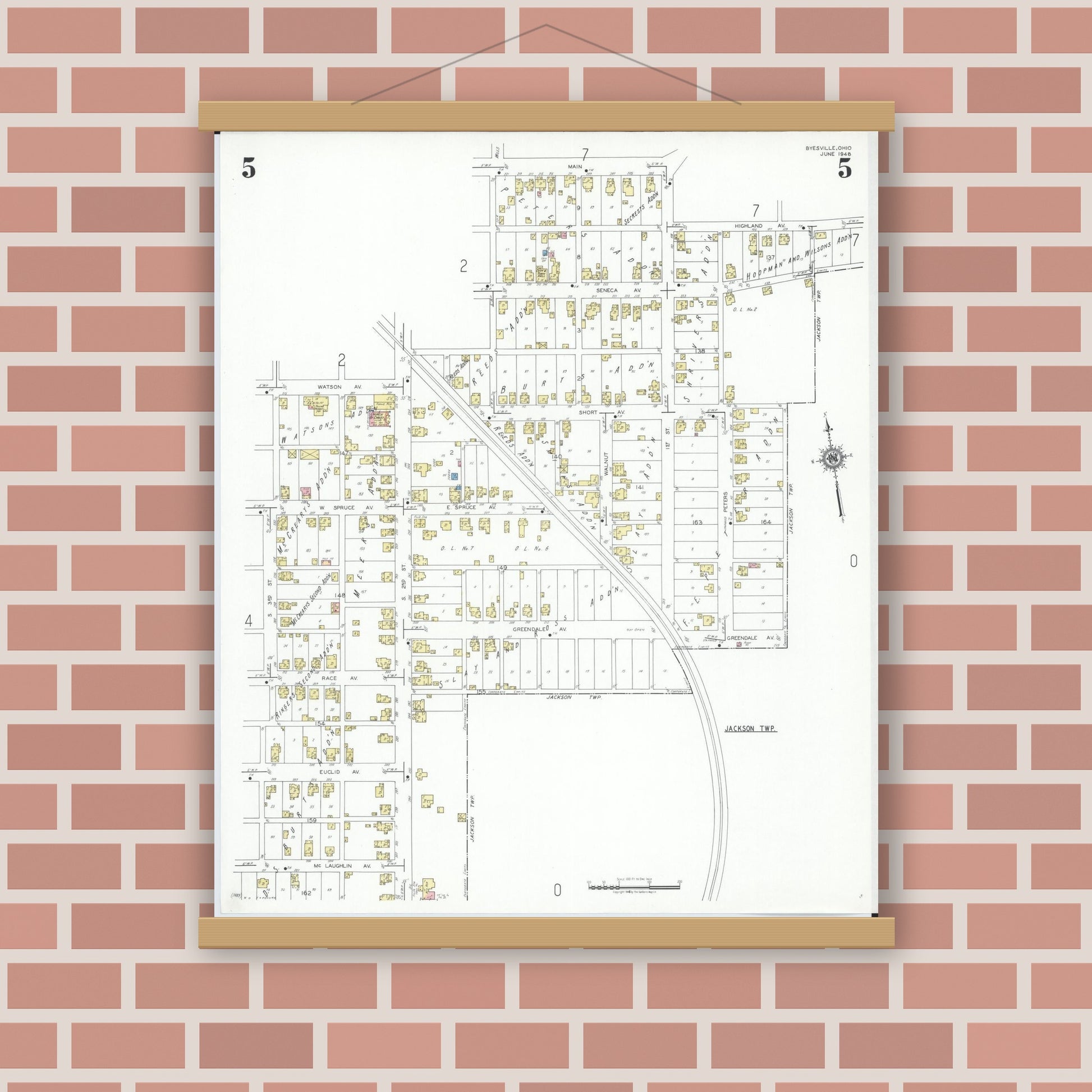 Old map wall art mockup — magnetic wood frame on brick wall — Sanborn Fire Insurance Map from Byesville, Guernsey County, Ohio (1948), Sheet #0005