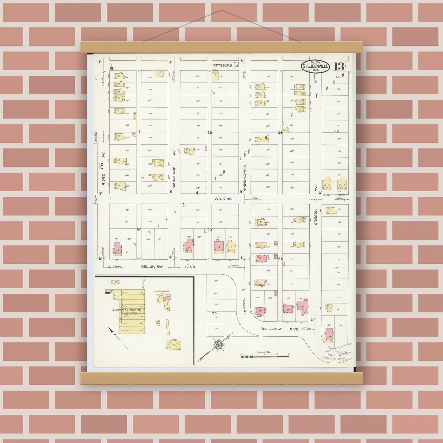 Old map wall art mockup — magnetic wood frame on brick wall — Sanborn Fire Insurance Map from Steubenville, Jefferson County, Ohio (1913), Sheet #0013