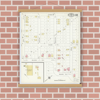 Old map wall art mockup — magnetic wood frame on brick wall — Sanborn Fire Insurance Map from Steubenville, Jefferson County, Ohio (1913), Sheet #0013