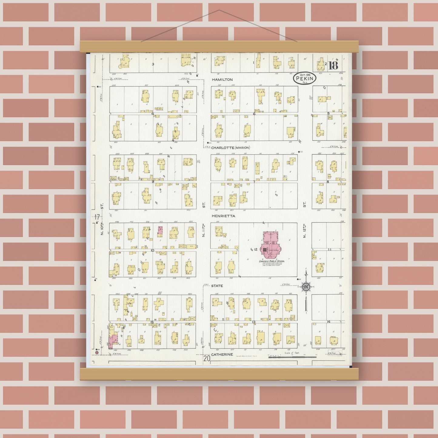 Old map wall art mockup — magnetic wood frame on brick wall — Sanborn Fire Insurance Map from Pekin, Tazewell County, Illinois (1916), Sheet #0018