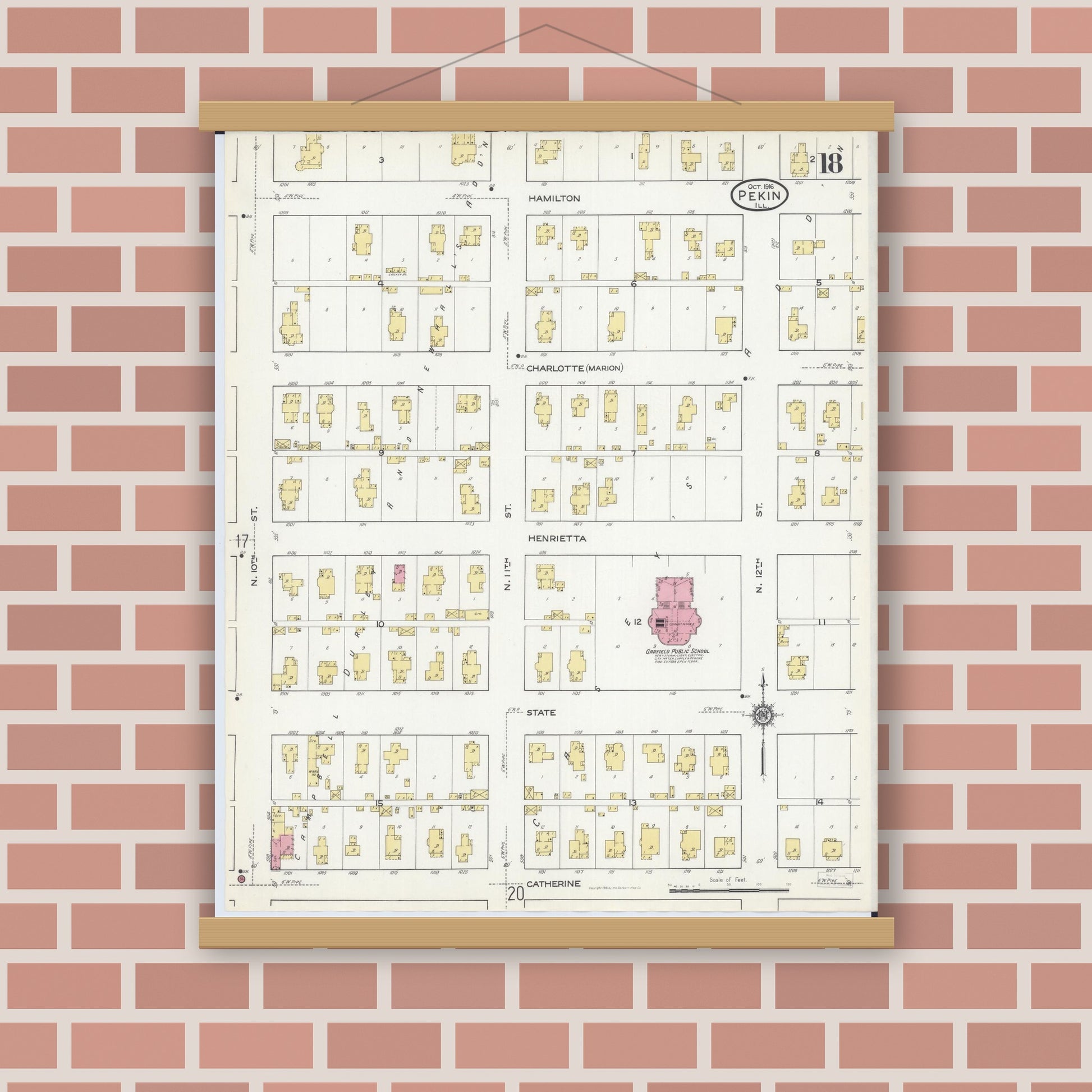 Old map wall art mockup — magnetic wood frame on brick wall — Sanborn Fire Insurance Map from Pekin, Tazewell County, Illinois (1916), Sheet #0018