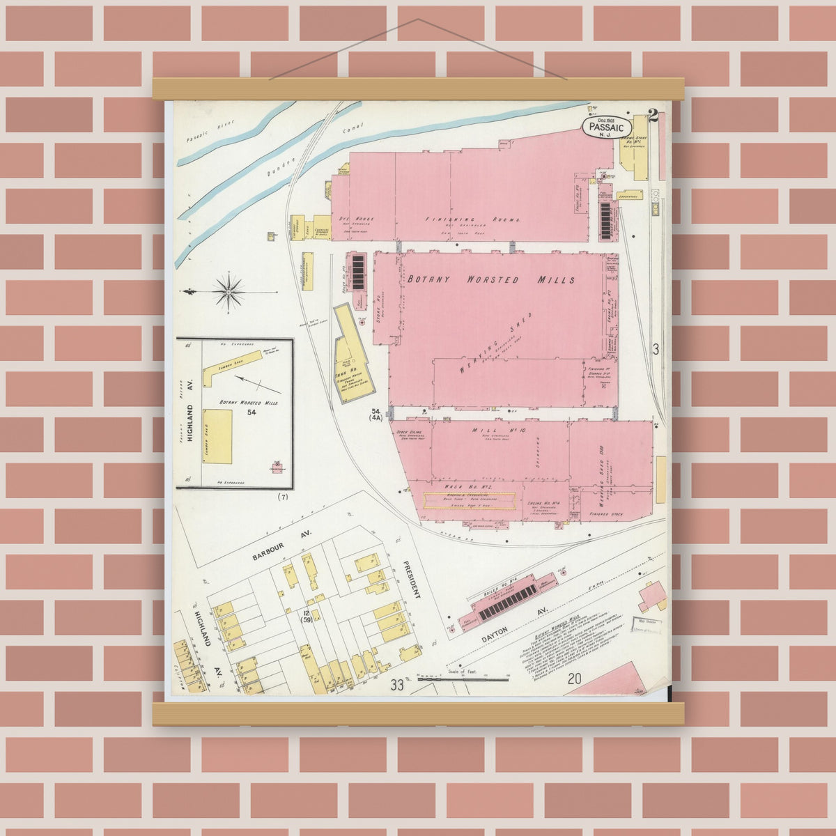 Old map wall art mockup — magnetic wood frame on brick wall — Sanborn Fire Insurance Map from Passaic, Passaic County, New Jersey (1903) - Complete Map Set