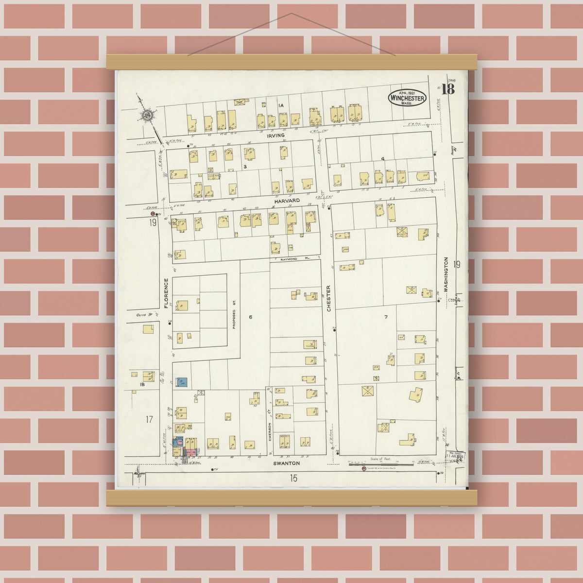 Old map wall art mockup — magnetic wood frame on brick wall — Sanborn Fire Insurance Map from Winchester, Middlesex County, Massachusetts (1921), Sheet #0018