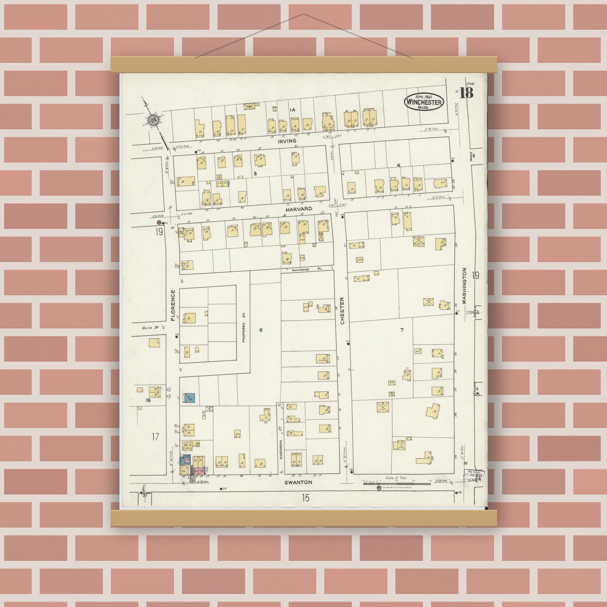 Old map wall art mockup — magnetic wood frame on brick wall — Sanborn Fire Insurance Map from Winchester, Middlesex County, Massachusetts (1921), Sheet #0018