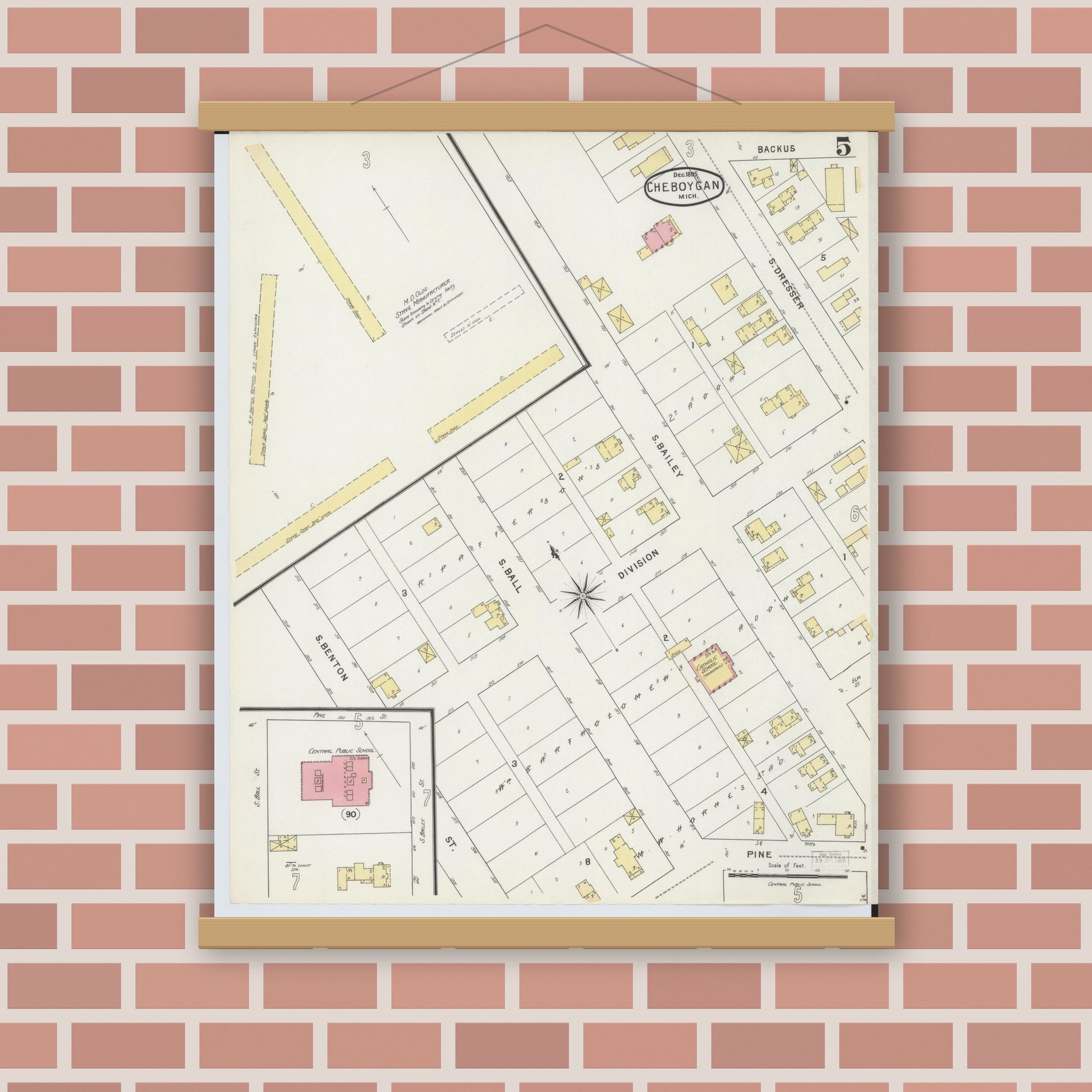 Old map wall art mockup — magnetic wood frame on brick wall — Sanborn Fire Insurance Map from Cheboygan, Cheboygan County, Michigan (1895), Sheet #0005