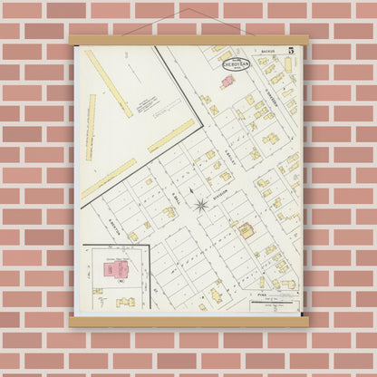 Old map wall art mockup — magnetic wood frame on brick wall — Sanborn Fire Insurance Map from Cheboygan, Cheboygan County, Michigan (1895), Sheet #0005