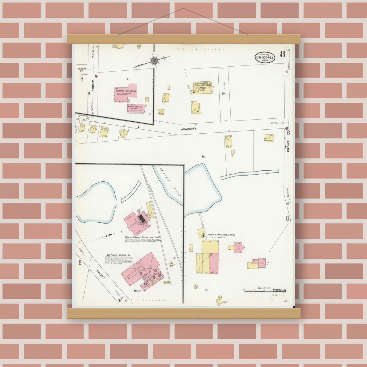 Old map wall art mockup — magnetic wood frame on brick wall — Sanborn Fire Insurance Map from Chicopee, Hampden County, Massachusetts (1910), Sheet #0008