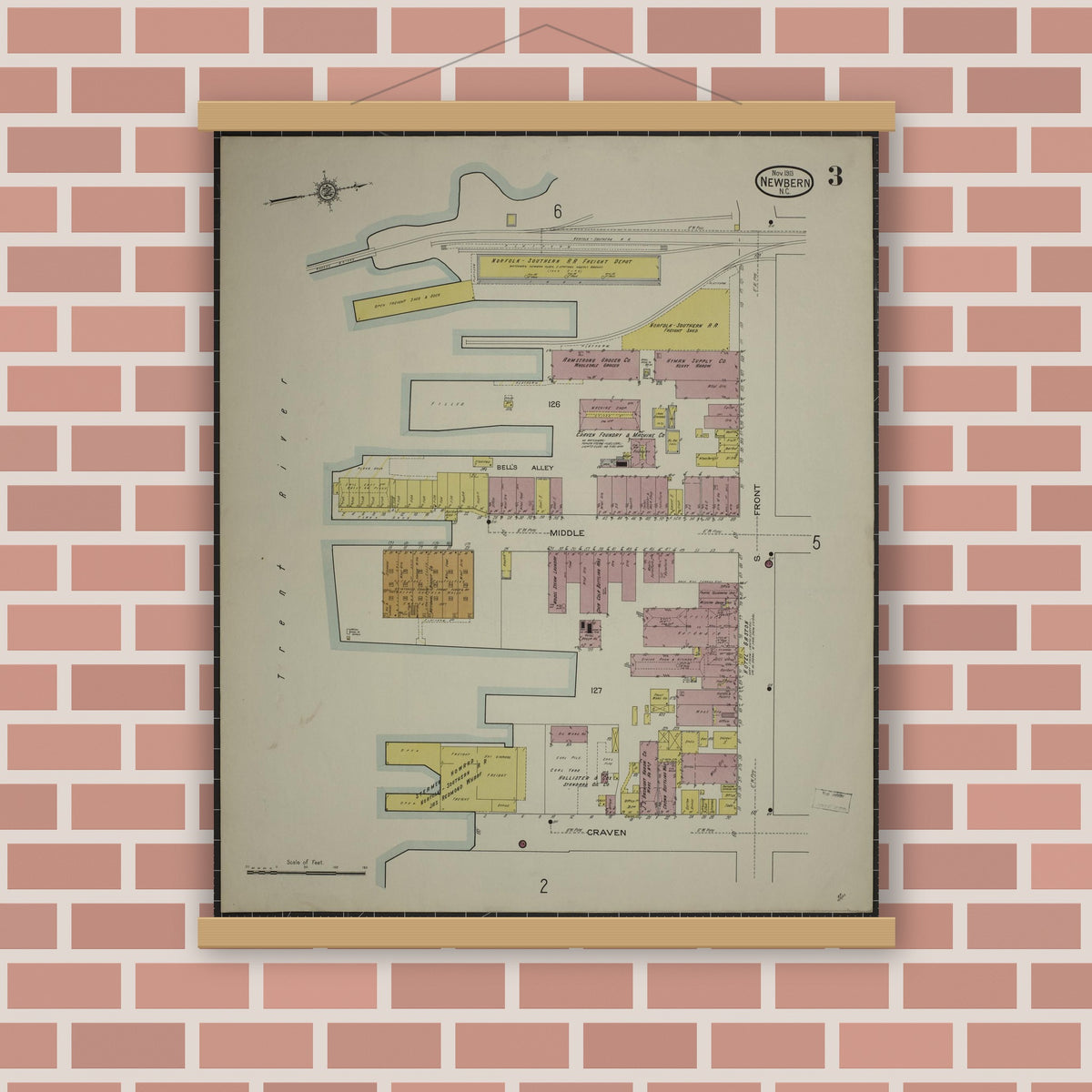 Old map wall art mockup — magnetic wood frame on brick wall — Sanborn Fire Insurance Map from New Bern, Craven County, North Carolina (1913), Sheet #0003