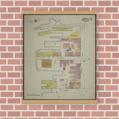 Old map wall art mockup — magnetic wood frame on brick wall — Sanborn Fire Insurance Map from New Bern, Craven County, North Carolina (1913), Sheet #0003