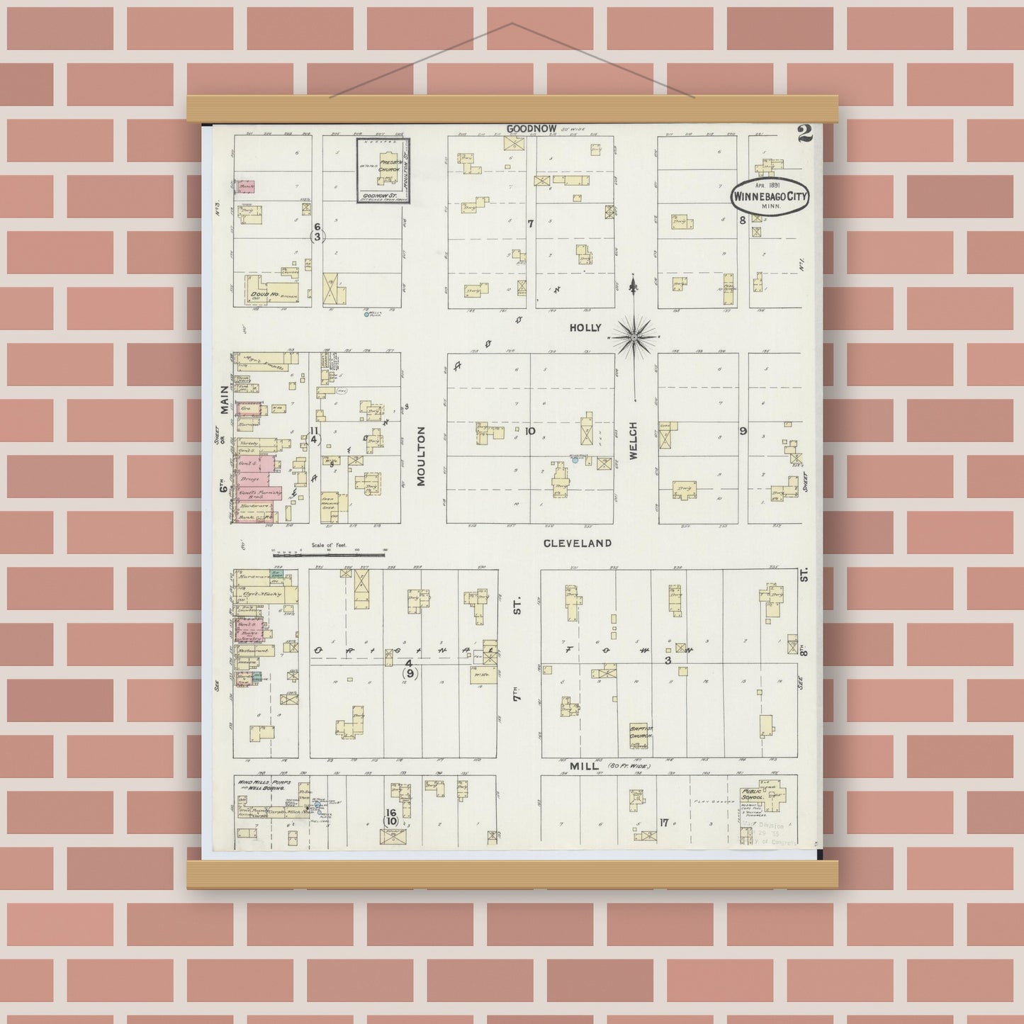 Old map wall art mockup — magnetic wood frame on brick wall — Sanborn Fire Insurance Map from Winnebago, Faribault County, Minnesota (1891), Sheet #0002