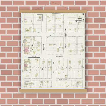 Old map wall art mockup — magnetic wood frame on brick wall — Sanborn Fire Insurance Map from Winnebago, Faribault County, Minnesota (1891), Sheet #0002